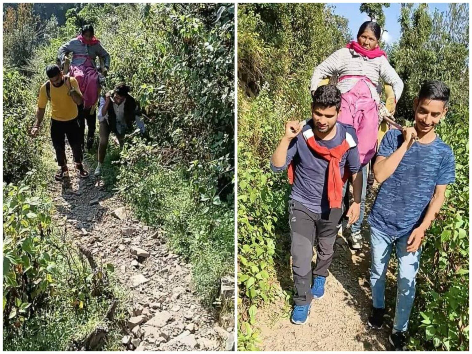 मसूरी : सड़क और चिकित्सा सुविधाओं की कमी के कारण, बीमार महिला को एक कुर्सी से बांधकर अपने कंधों पर उठाकर मसूरी पहुचाया।