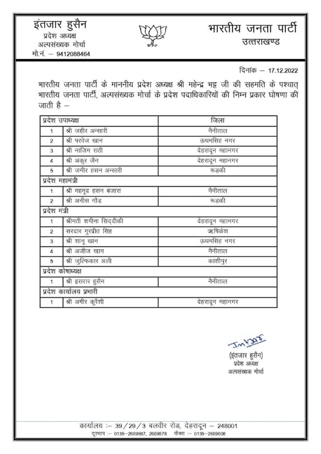 उत्तराखंड: बीजेपी ने किया मोर्चे के प्रदेश पदाधिकारियों का ऐलान, देखें लिस्ट