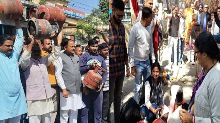 देहरादून : उत्तराखंड में सिर पर सिलेंडर रखकर किया विरोध, देखिए उत्तराखंड में आक्रोश की तस्वीरें