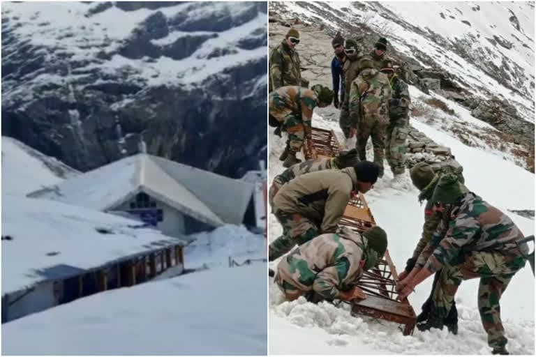 चमोली हेमकुंड साहिब : सामने आई हेमकुंड साहिब की पहली तस्वीर, आस्था पथ से बर्फ हटाने में जुटे सेना के जवान