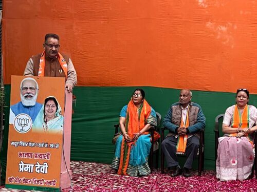 नई दिल्ली : दिल्ली के मयूर विहार फेज-1 से भाजपा प्रत्याशी प्रेमा देवी के समर्थन में जनसभा को संबोधित करते मंत्री गणेश जोशी।