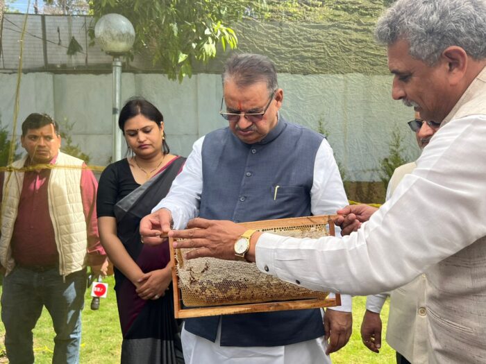 मंत्री गणेश जोशी ने शासकीय आवास में शहद उत्पादन के लिए स्थापित किए गए मधुमक्खी के बक्सों से निकालने की प्रक्रिया का किया अवलोकन।