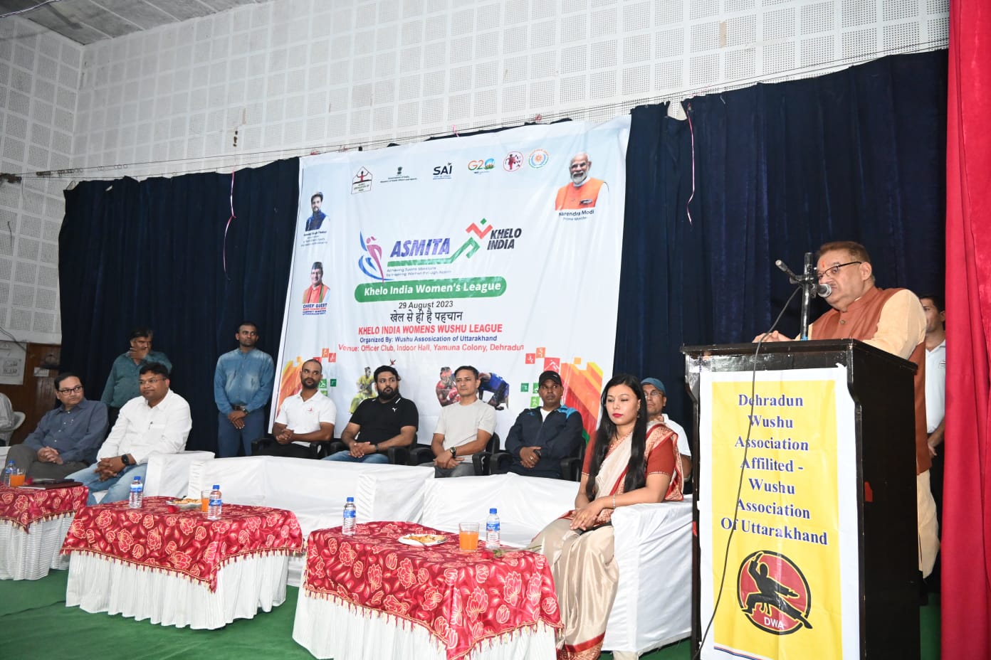 Minister Ganesh Joshi addressing the concluding program of the two-day Khelo India Women's Wushu League.